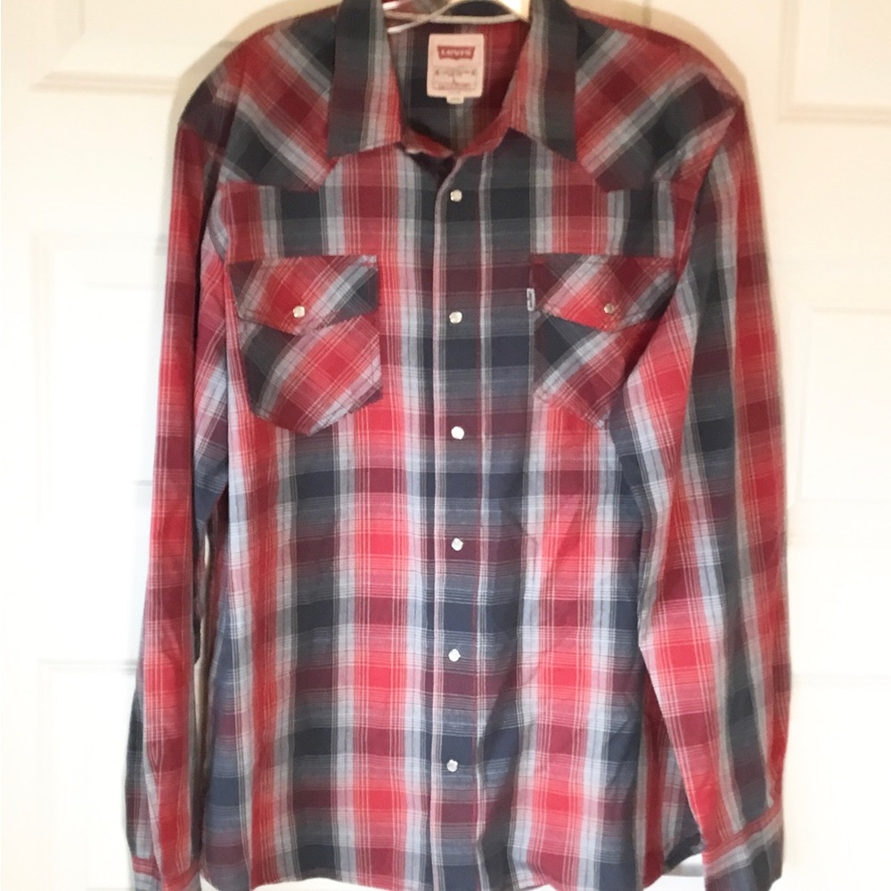 Levi’s Mens Shirt Sz Large Red Multi long Sleeve Snap front Western